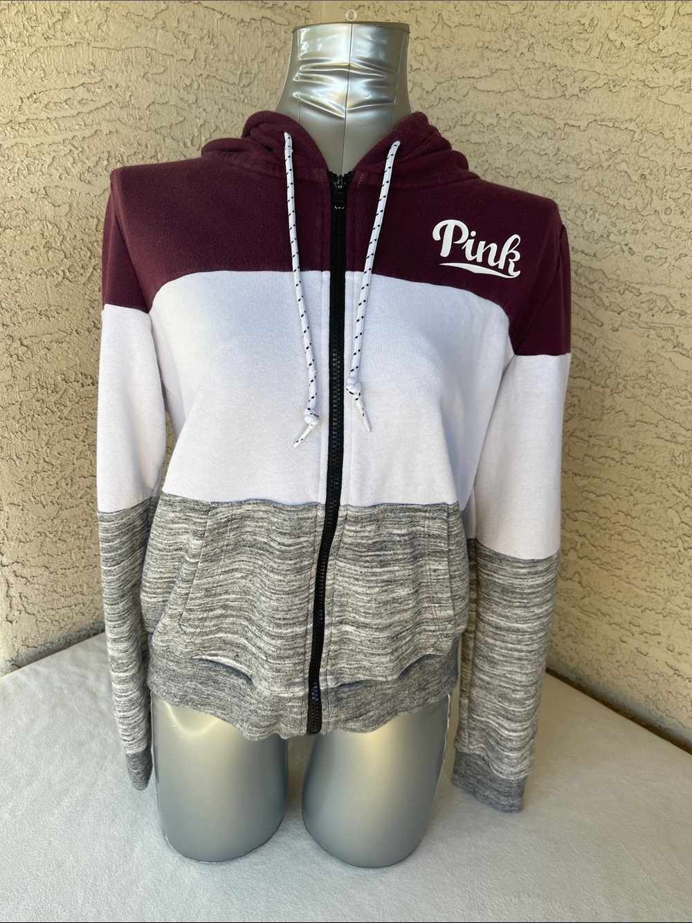 PINK Victoria's Secret Maroon, White & Gray Colorblock Zip Hoodie